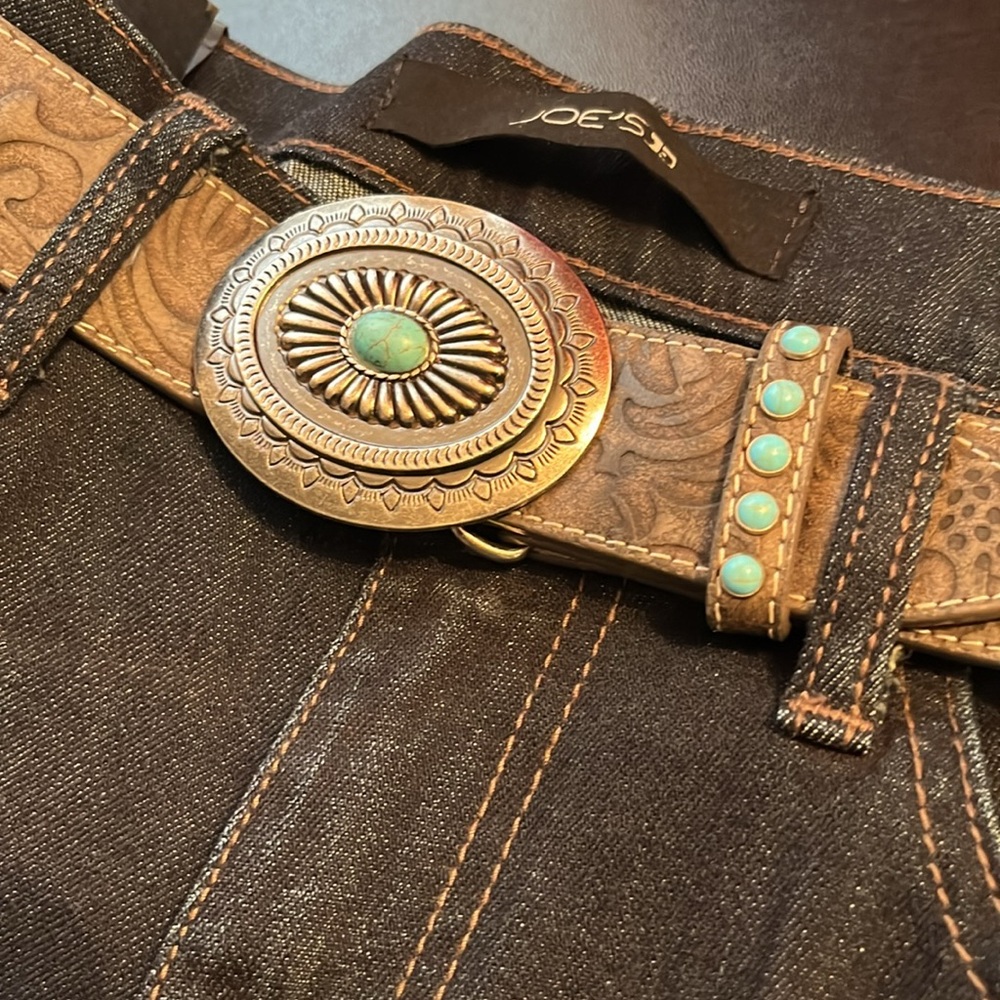 Tooled Brown Leather Belt with Turquoise Concho